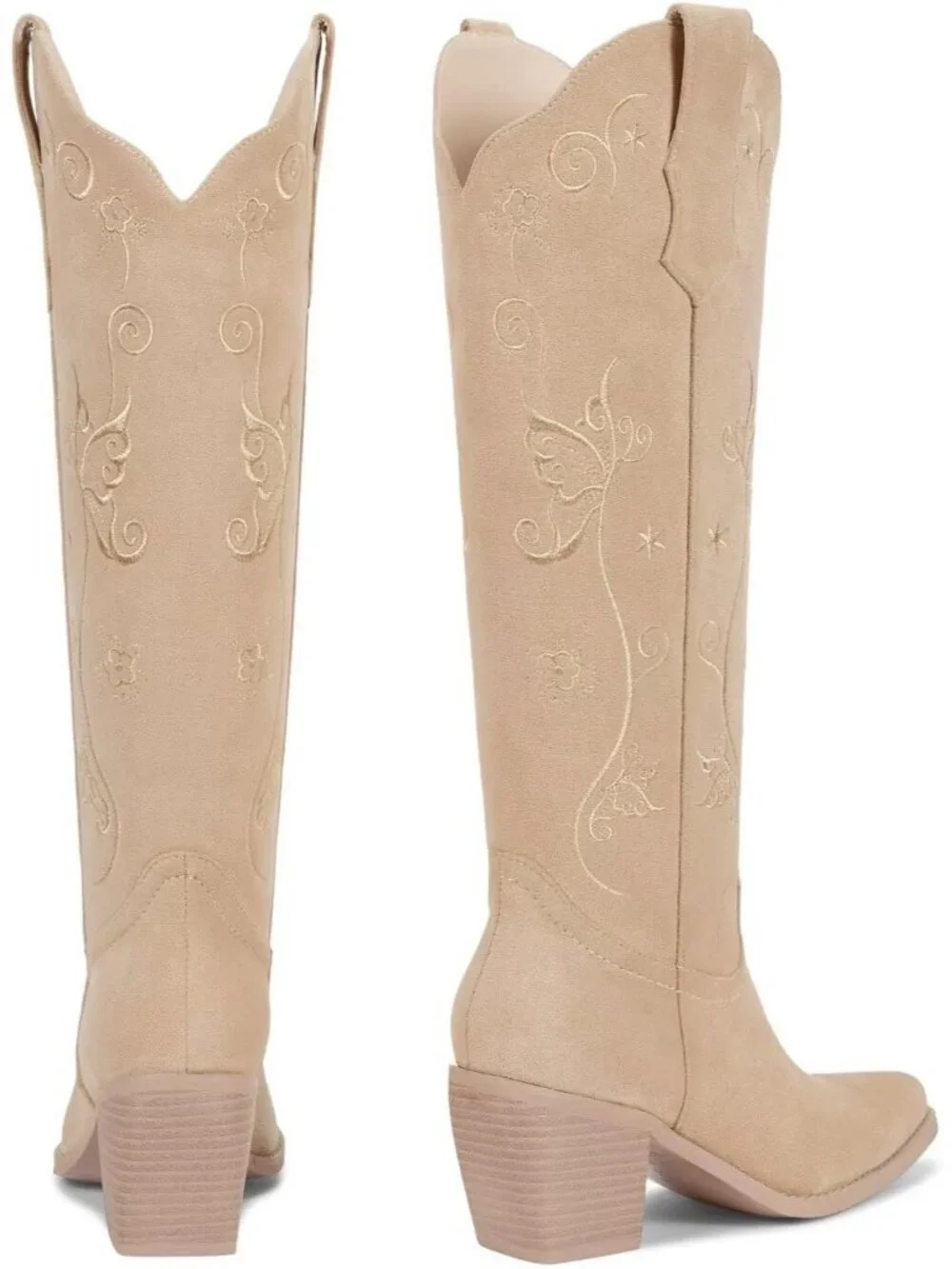 Women's Apricot Chunky Heel Slip on Pointed Knee High Cowgirl Tall Boots
